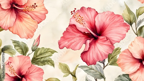 A beautifully crafted watercolor illustration of hibiscus flowers in gentle shades of pink and red, with sparse green leaves, set against a light background to create a harmonious, seamless 