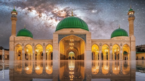 Night view of a grand mosque with green domes, reflecting in water under a starry sky. photo