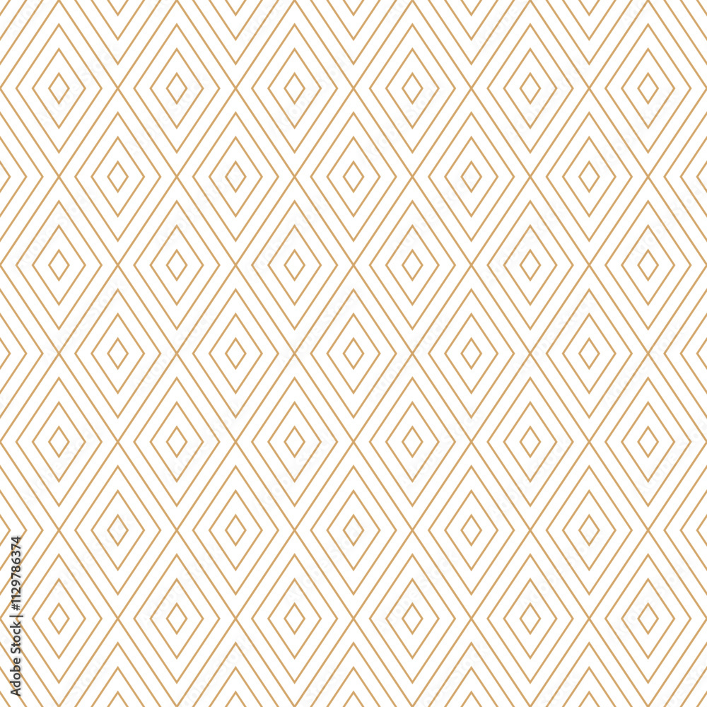 Seamless elegant pattern of subtle gold striped lines forming squares rhombus and diamonds on white background. Vector illustration for surface design.