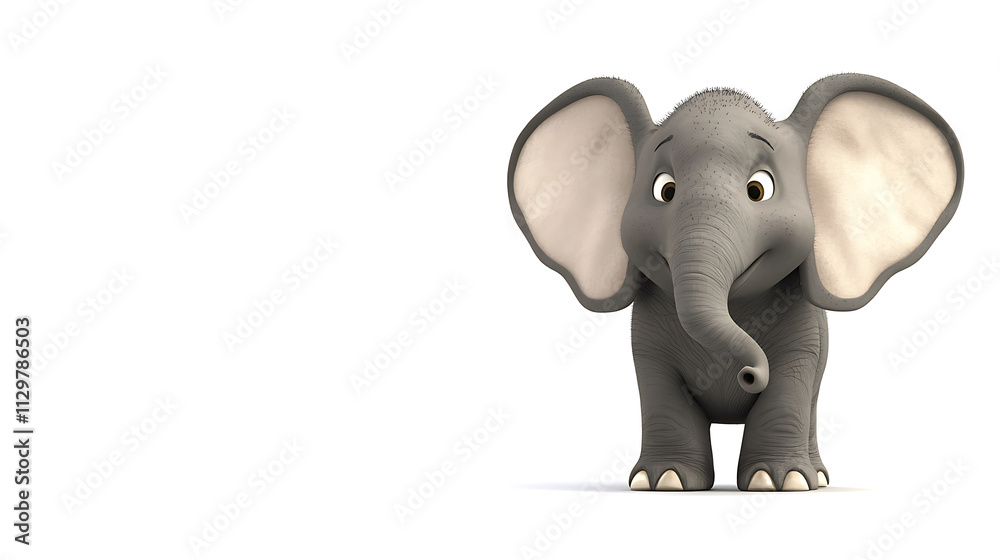 A cartoon elephant with a big ear is standing in front of a white background A cartoon elephant with a big ear is standing in front of a white background