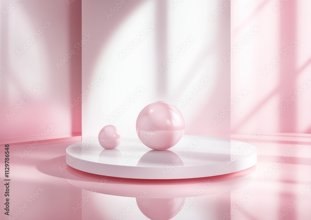 Two pink spheres on a white platform in a minimalist pink room with sunlight. Two pink spheres on a white platform in a minimalist pink room with sunlight.