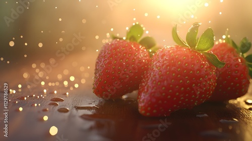 Three Ripe Strawberries Glistening in Golden Sunlight
