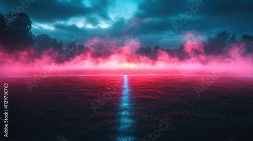Foggy Soccer Field at Dusk with Neon Pink and Blue Lighting in Surreal Scene