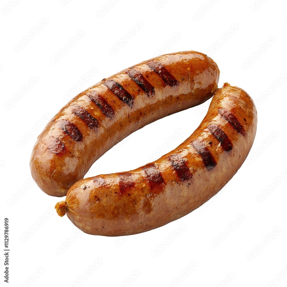 Two Grilled Sausages, Close up Studio Shot, Isolated on White Background Cutout Two Grilled Sausages, Close up Studio Shot, Isolated on White Background Cutout