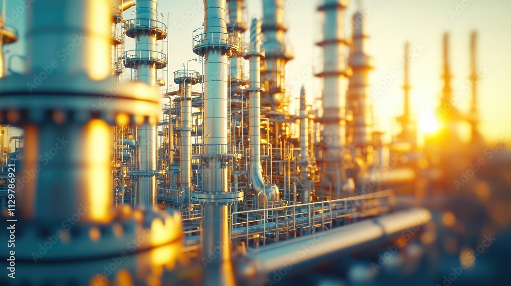 Oil petroleum idea. Sunset view of a modern industrial plant with pipes and towers in soft focus. Oil petroleum idea. Sunset view of a modern industrial plant with pipes and towers in soft focus.