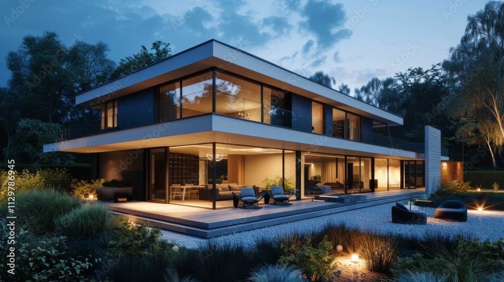 Fototapeta premium A contemporary villa at night with illuminated windows and a spacious deck featuring a hot tub and modern seating. The surrounding garden is lush with a variety of plants. Ultra-detailed