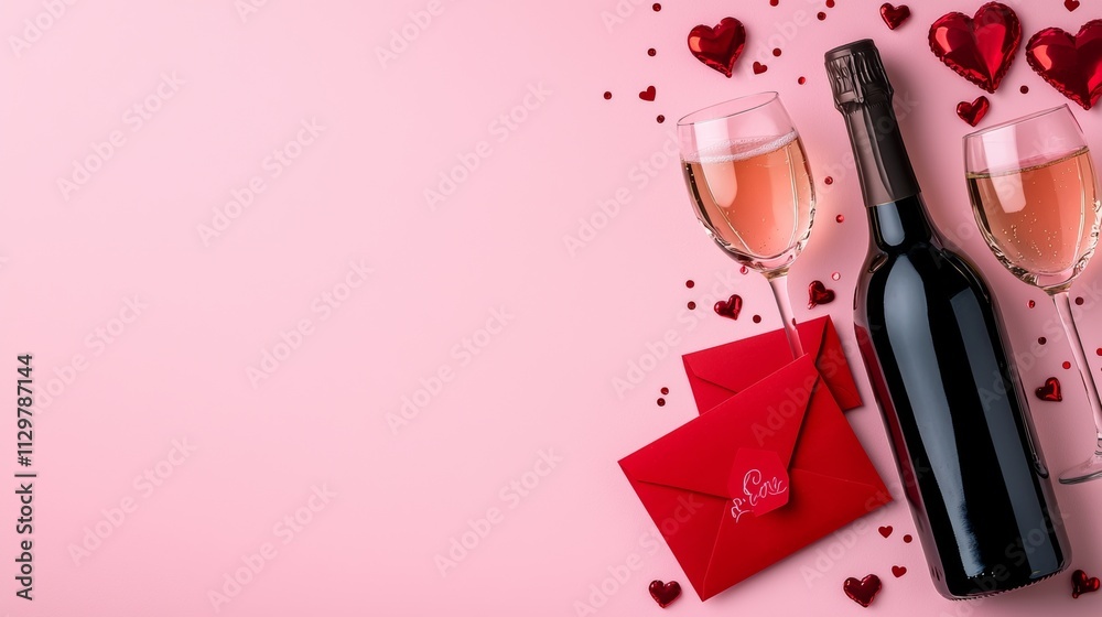 A romantic setup featuring wine, glasses, red hearts, and a love letter. A romantic setup featuring wine, glasses, red hearts, and a love letter.