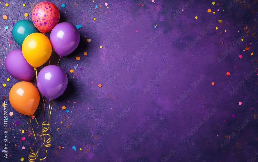 Colorful balloons and confetti on purple background. Colorful balloons and confetti on purple background.
