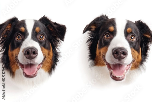 Two happy Australian Shepherd puppies looking up.