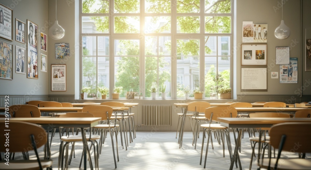 Sunlit classroom with desks, chairs, posters, and large window. Sunlit classroom with desks, chairs, posters, and large window.