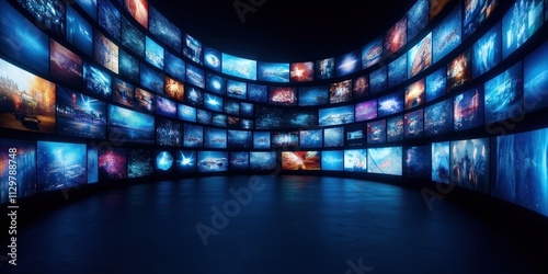Multimedia streaming wall shows colorful vibrant images. Abstract entertainment background. Various channel images displayed on multiple screens. Dynamic displays with colorful abstract images. Tech