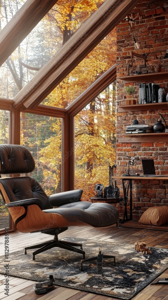 Naklejka premium Autumnal View Cozy Leather Chair Reading Room Design