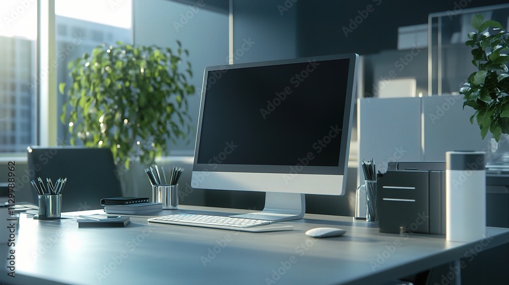 Clean Modern Workspace with Computer and Digital Elements Clean Modern Workspace with Computer and Digital Elements