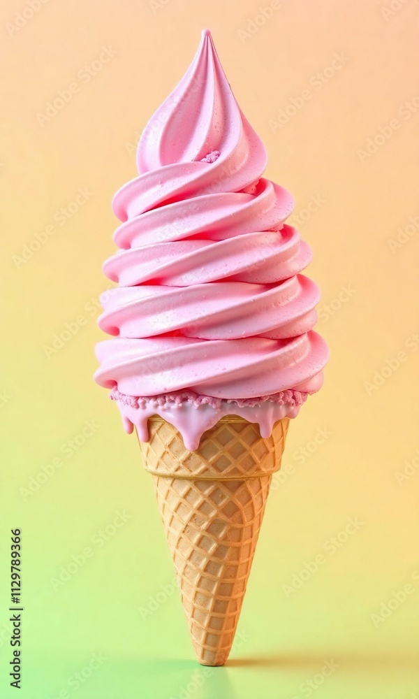 Pink ice cream cone on a pastel green background with yellow and orange hues, food, confectionary Pink ice cream cone on a pastel green background with yellow and orange hues, food, confectionary