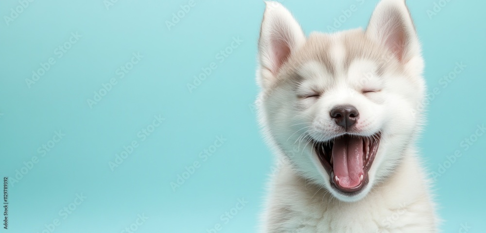 Happy Siberian Husky puppy yawning against a light blue background. Happy Siberian Husky puppy yawning against a light blue background.