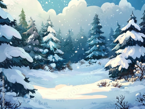 Snowy forest scene with snow-covered pine trees.