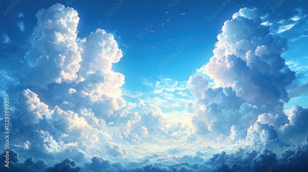 Sunlit Blue Sky with Fluffy Clouds in Watercolor Landscape Sunlit Blue Sky with Fluffy Clouds in Watercolor Landscape