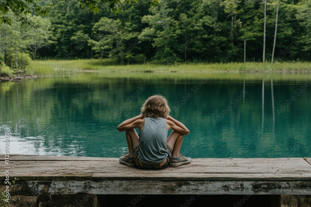 Child sits on a wooden dock overlooking a calm,teal lake surrounded by lush green forest. Child sits on a wooden dock overlooking a calm,teal lake surrounded by lush green forest.