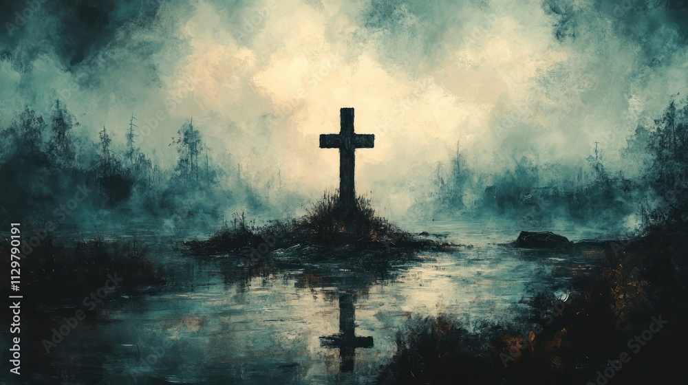 Fototapeta premium Solitary Cross in Misty Seascape with Ethereal Light and Soft Cool Colors