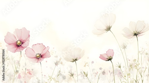 A gentle watercolor illustration featuring understated cosmos flowers in pale pink and white, set against a light cream backdrop, emphasizing simplicity and the beauty of nature 