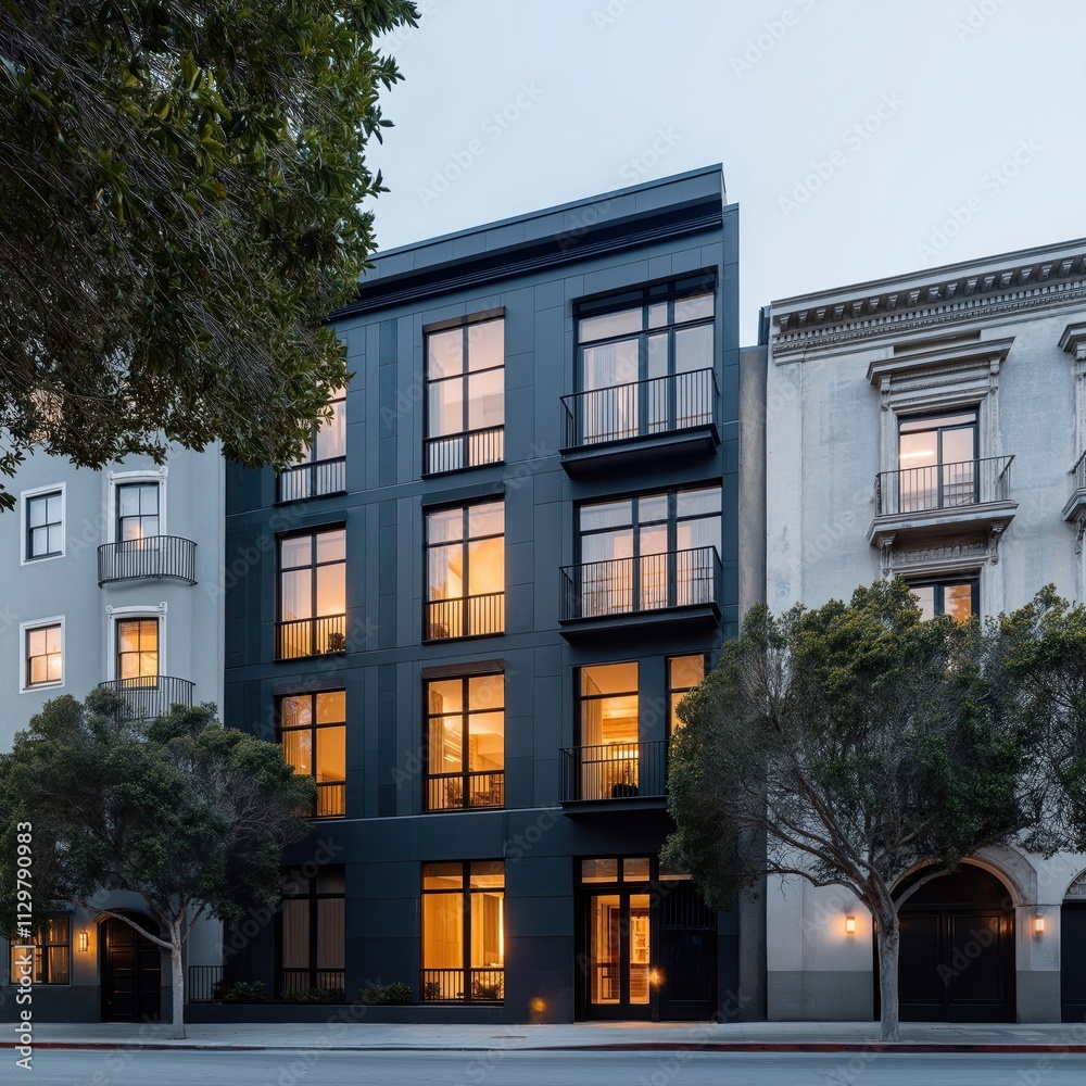 Fototapeta premium Exterior view of modern multifamily building in San Francisco South of Market district. Dark facade with large windows. Building sits next to older style building. Evening light shines inside