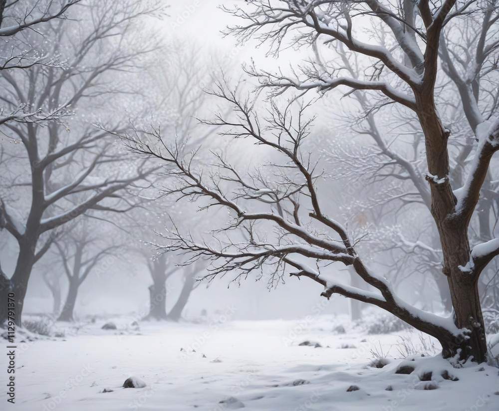 Snow-covered tree branches with a misty background, icy foliage, frosted limbs Snow-covered tree branches with a misty background, icy foliage, frosted limbs