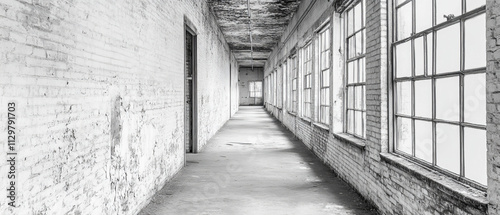Abandoned Factory Corridor: Peeling Paint, Neglect, High Contrast