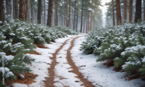 Snowy forest path with cinnamon scented pine needles, pine needles, woods photo