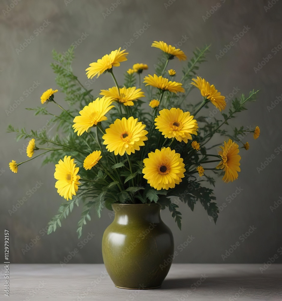 Soft focus of a group of yellow chrysanthemum flowers arranged in a vase with branches and greenery , branches, flower details