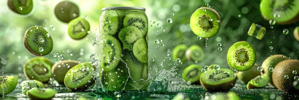 Refreshing Kiwi Drink in a Can with Splashing Water Refreshing Kiwi Drink in a Can with Splashing Water