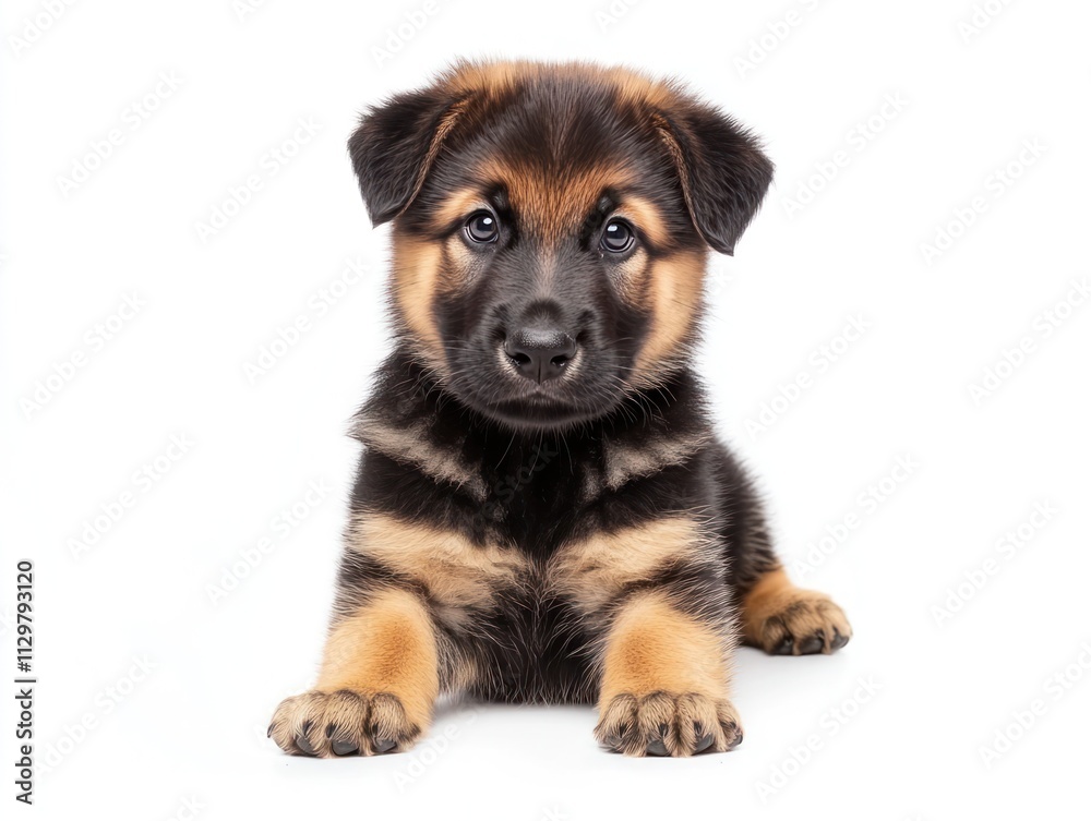 Adorable German Shepherd puppy lying down, looking at the camera on white background. Adorable German Shepherd puppy lying down, looking at the camera on white background.