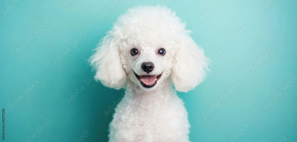 Happy white poodle dog on teal background. Happy white poodle dog on teal background.