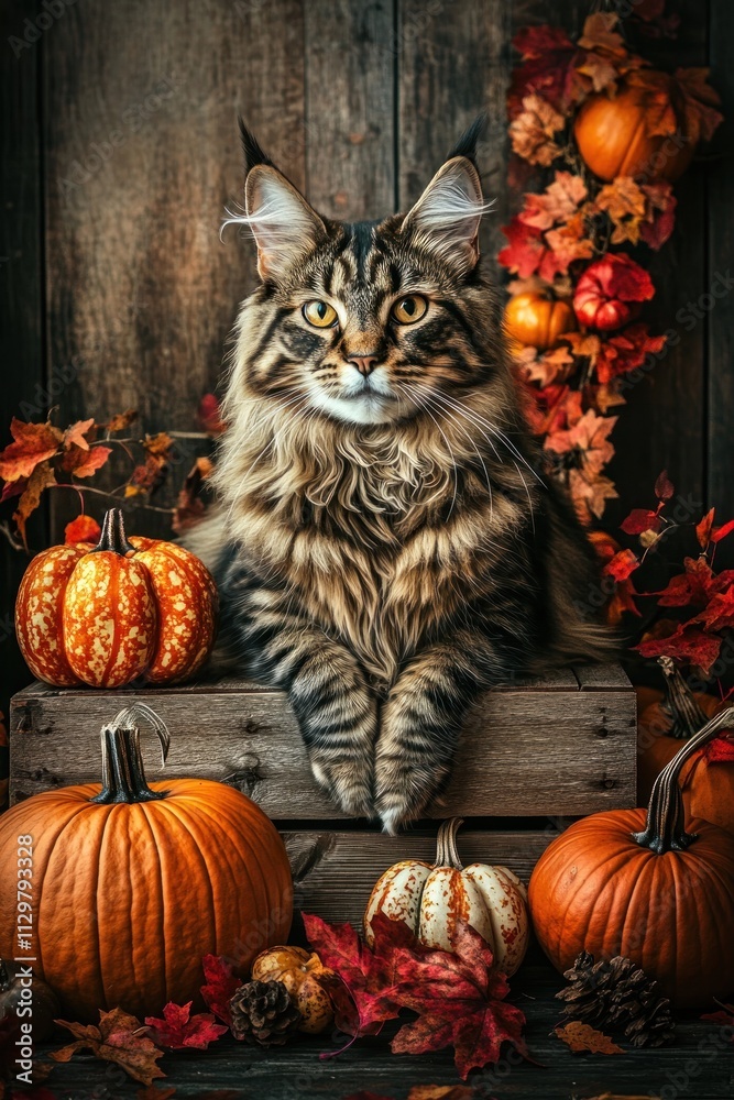 Majestic Maine Coon cat sits amidst autumn pumpkins and leaves in a rustic wooden crate. Majestic Maine Coon cat sits amidst autumn pumpkins and leaves in a rustic wooden crate.