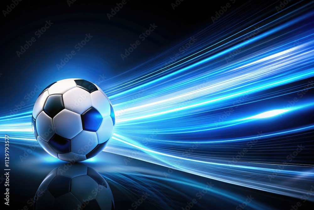 Naklejka premium Night's embrace: a silhouetted soccer ball, blue light trails streak across the dark, leaving space for your message.