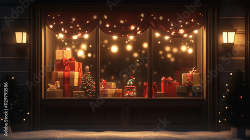 Christmas Shop Window Display: Festive Gifts, Lights, and Trees