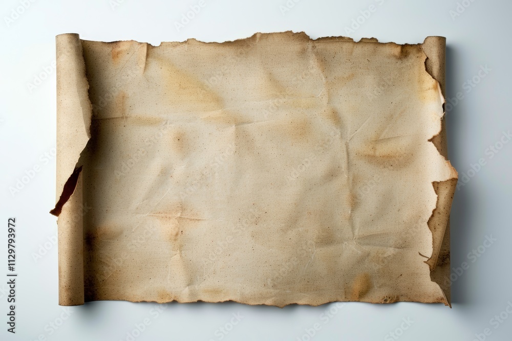Highly Photograph of an Old Torn Piece of Parchment Paper Isolated on White Background Highly Photograph of an Old Torn Piece of Parchment Paper Isolated on White Background