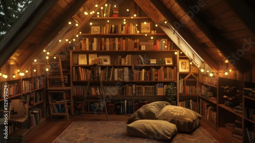 A cozy attic library with low wooden shelves, a floor cushion