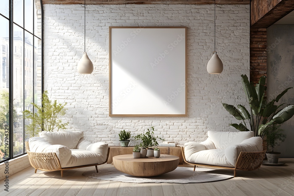 Modern Minimalist Lounge. A Serene Space with Natural Light, Wooden Furniture, and Lush Greenery. Modern Minimalist Lounge. A Serene Space with Natural Light, Wooden Furniture, and Lush Greenery.