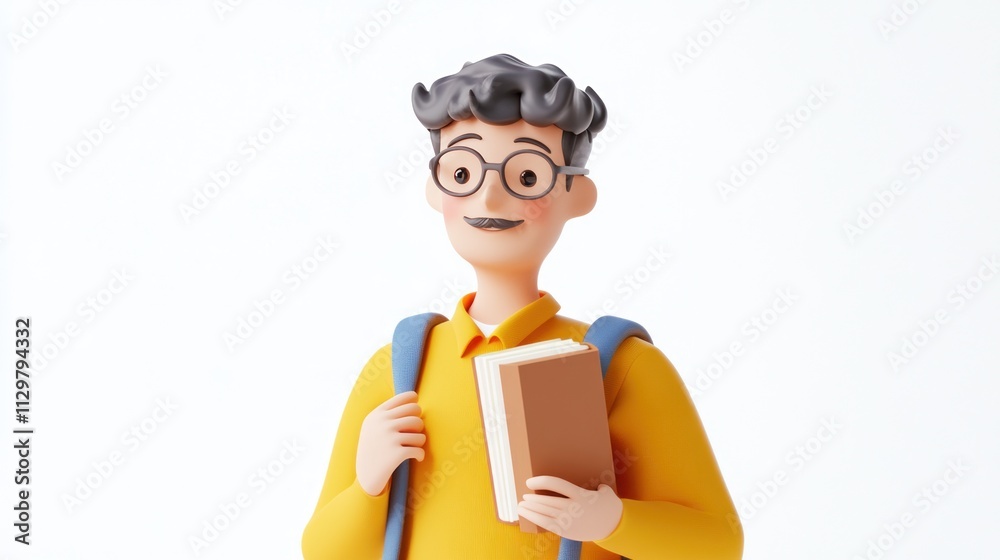 Cheerful 3D cartoon student with backpack and book. Cheerful 3D cartoon student with backpack and book.