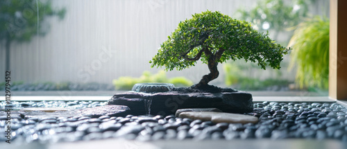 Zen Garden Bonsai Tree Water Fountain Rock Path Tranquility