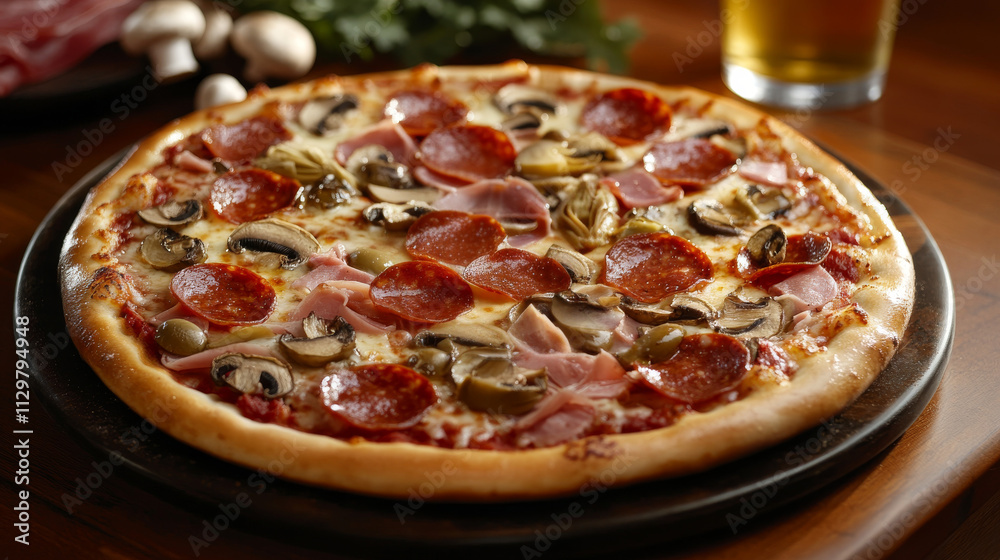Capricciosa Pizza, Ham, Chorizo, Mushrooms, Artichoke Capricciosa Pizza, Ham, Chorizo, Mushrooms, Artichoke