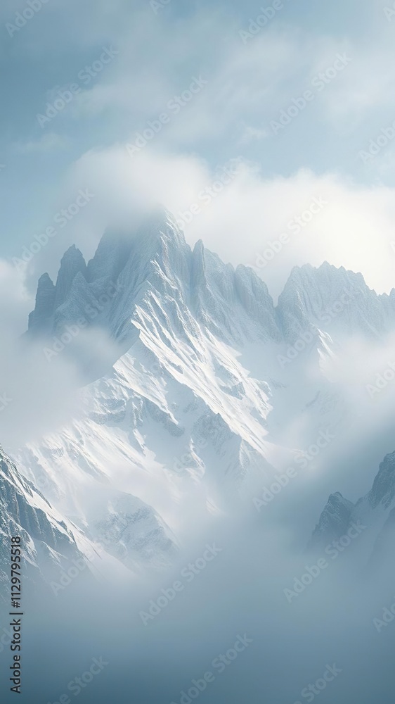 Towering mountain peaks covered in thick layer of snow and misty atmosphere, Cupid Pass, towering peaks