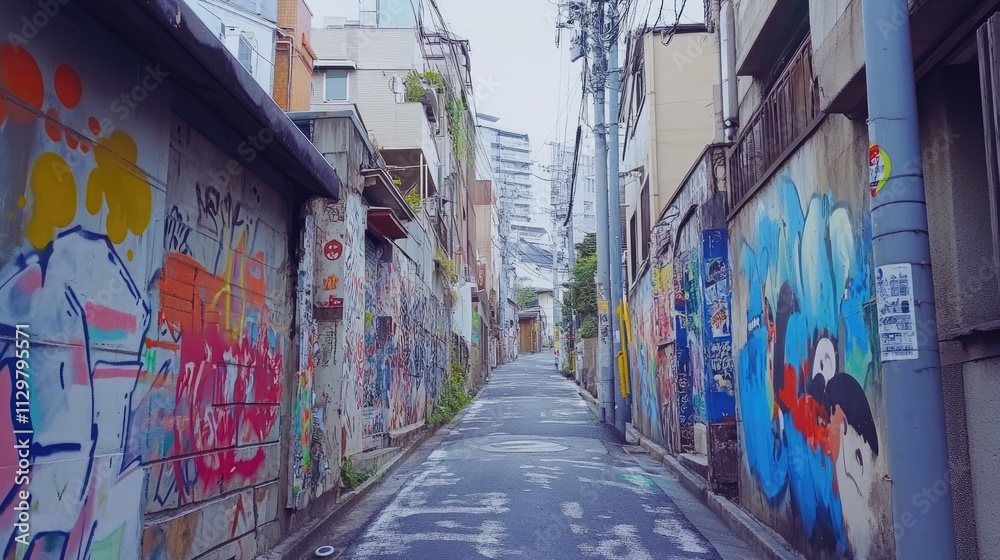 Naklejka premium Narrow empty street perspective with living houses covered with colorful graffiti
