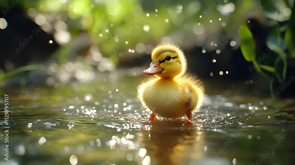A cute duckling splashes in a serene pond surrounded by lush greenery and sparkling water droplets. A cute duckling splashes in a serene pond surrounded by lush greenery and sparkling water droplets.
