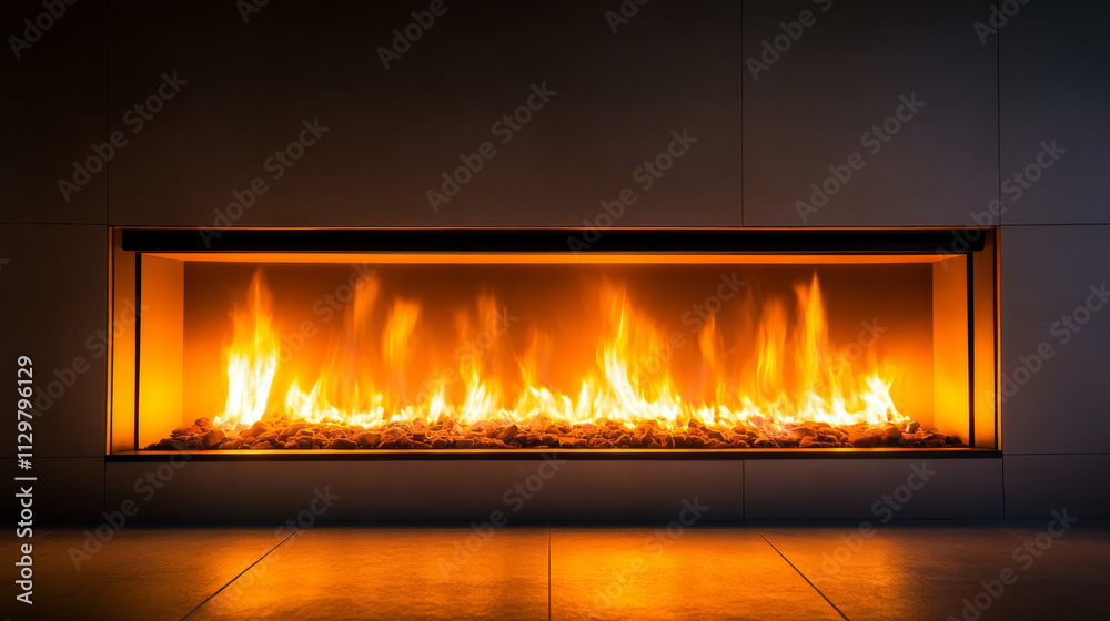 Fototapeta premium Modern Fireplace: Warm LED Flames, Sleek Design, Wide Shot