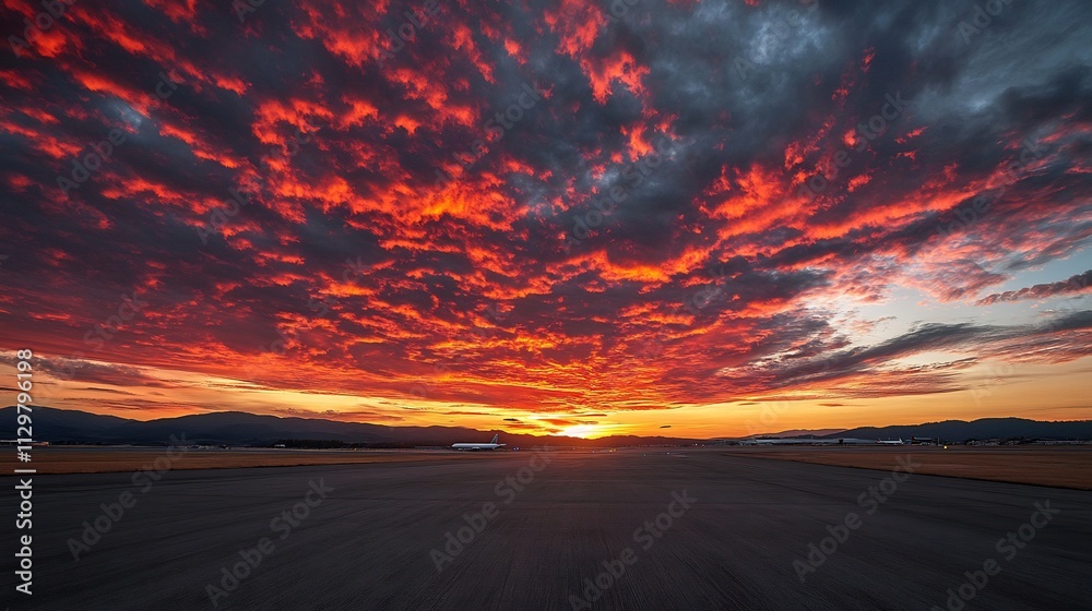 Fototapeta premium Fiery Sunset over Airport Runway with Airplane