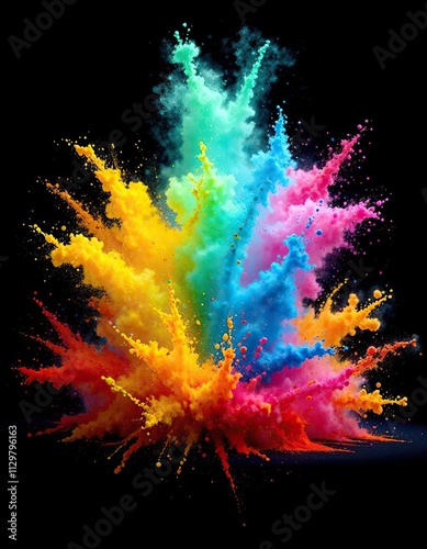 Vibrant colored powder explodes in a burst of color on a dark black background, vibrant colors, poweder explosion photo