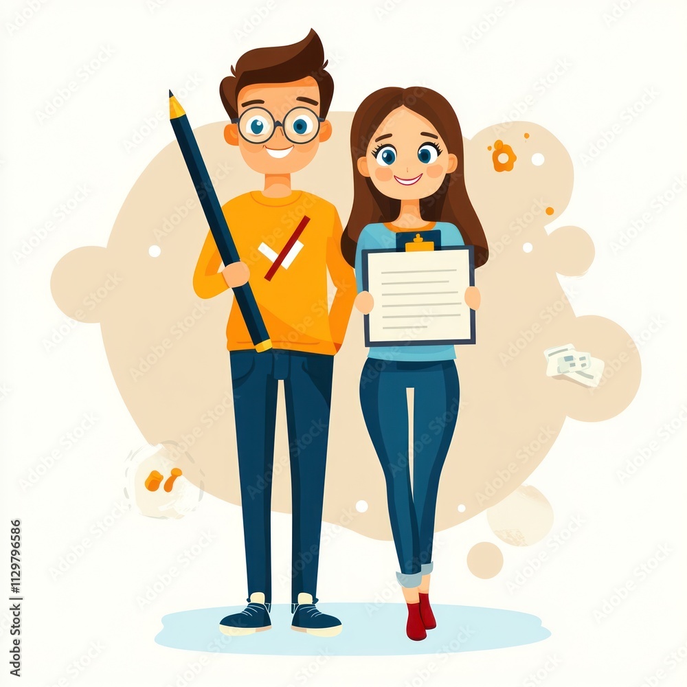 Illustration of Happy Students Holding Certificate and Pencil Illustration of Happy Students Holding Certificate and Pencil