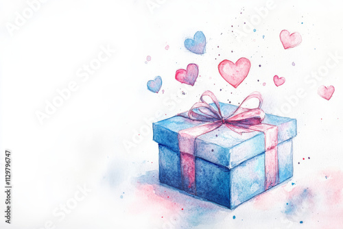 Watercolor Gift Box with Floating Hearts: Romantic Present Illustration