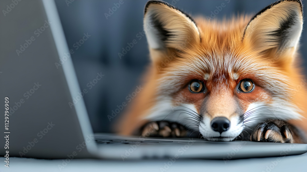 Fototapeta premium A curious fox watches intently from behind a laptop, blending technology with nature's charm.